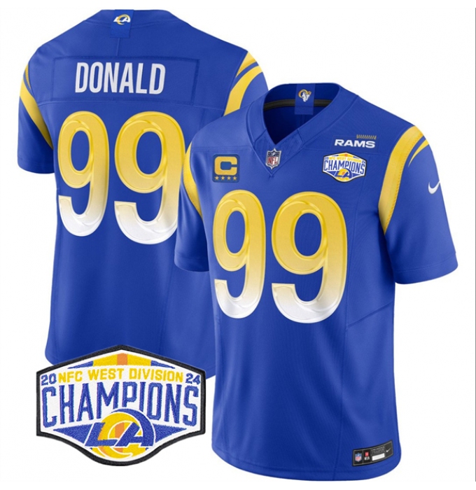 Men's Los Angeles Rams #99 Aaron Donald Blue 2024 NFC West Champions With 4-Star C F.U.S.E. Vapor Untouchable Stitched Football Jersey