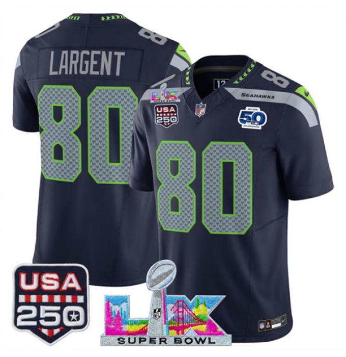 Men's Seattle Seahawks #80 Steve Largent Navy 2025 F.U.S.E. Super Bowl LX And 50th Season & USA 250 Vapor Limited Football Stitched Jersey