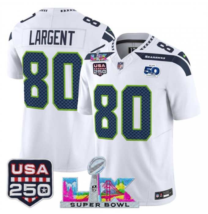 Men's Seattle Seahawks #80 Steve Largent White 2025 F.U.S.E. Super Bowl LX And 50th Season & USA 250 Vapor Limited Football Stitched Jersey