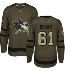 Youth Adidas San Jose Sharks #61 Justin Braun Authentic Green Salute to Service NHL Jersey