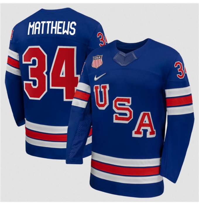 Men's USA #34 Auston Matthews Royal 2026 Stitched Jersey