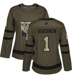 Women's Adidas New York Rangers #1 Eddie Giacomin Authentic Green Salute to Service NHL Jersey
