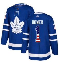 Men's Adidas Toronto Maple Leafs #1 Johnny Bower Authentic Royal Blue USA Flag Fashion NHL Jersey