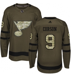 Men's Adidas St. Louis Blues #9 Shayne Corson Premier Green Salute to Service NHL Jersey