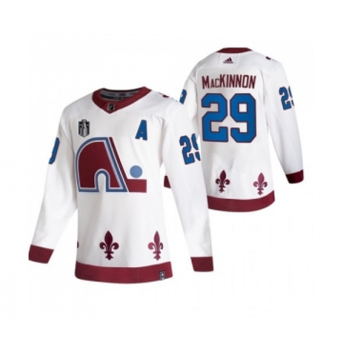 Men's Colorado Avalanche #29 Nathan MacKinnon White 2022 Stanley Cup Final Patch Reverse Retro Stitched Jersey