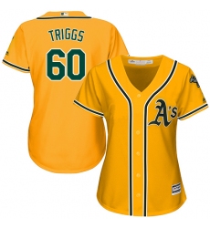 Women's Majestic Oakland Athletics #60 Andrew Triggs Replica Gold Alternate 2 Cool Base MLB Jersey