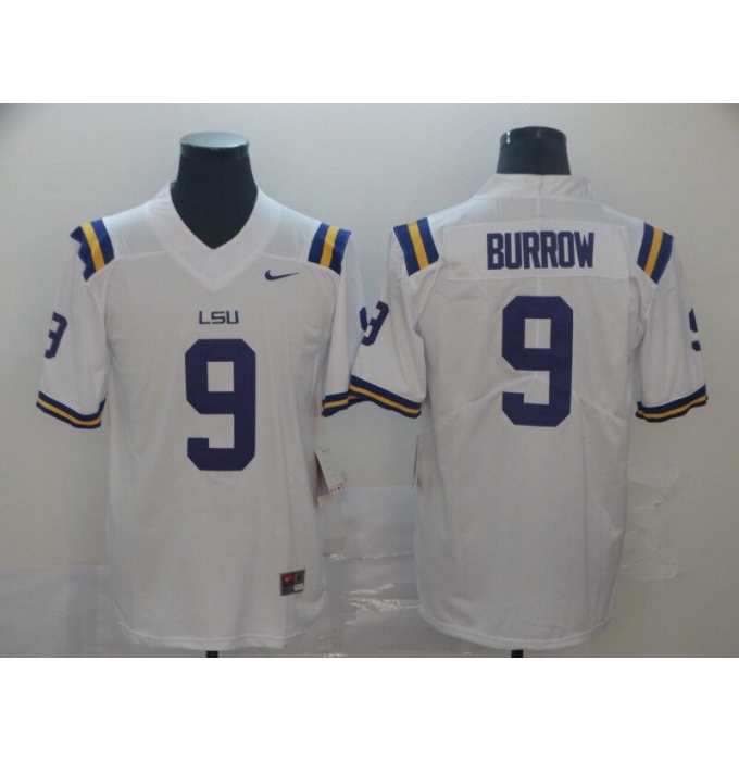 Men's LSU Tigers #9 Burrow White College Football Jersey