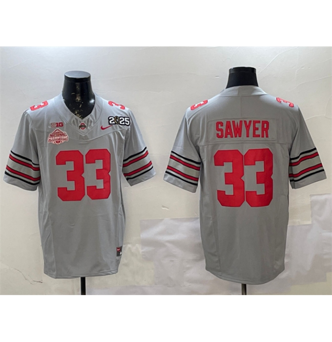 Men's Ohio State Buckeyes #33 Jack Sawyer Grey 2025 CFP Final With National Champions F.U.S.E. Vapor Limited Stitched Football Jersey