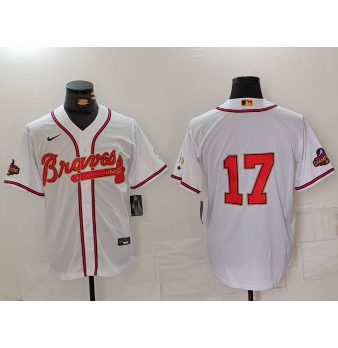 Men's Atlanta Braves #17 Andy Messersmith White Gold World Series Champions Cool Base Stitched Jersey