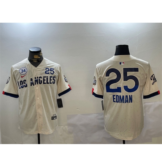 Men's Los Angeles Dodgers #25 Tommy Edman Cream 2024 World Series With No. 34 City Connect Limited Stitched Baseball Jersey