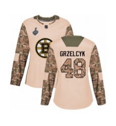 Women's Boston Bruins #48 Matt Grzelcyk Authentic Camo Veterans Day Practice 2019 Stanley Cup Final Bound Hockey Jersey