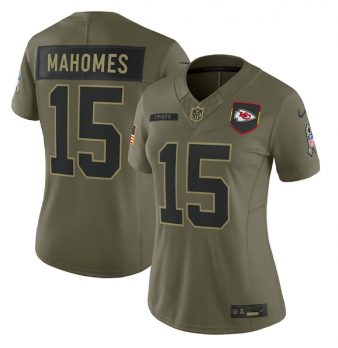 Women's Kansas City Chiefs #15 Patrick Mahomes Olive 2025 Salute to Service Limited Stitched Jersey(Run Small)