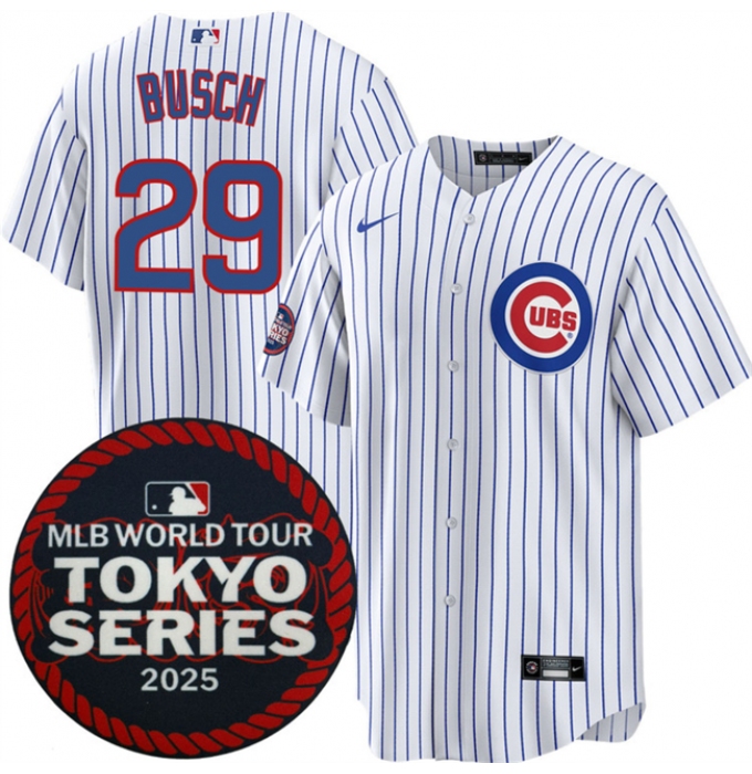 Men's Chicago Cubs #29 Michael Busch White 2025 World Tour Tokyo Series Home Stitched Baseball Jersey