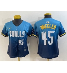Women's Philadelphia Phillies #45 Zack Wheeler Blue 2024 City Player Number Cool Base Stitched Jersey