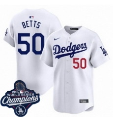 Men's Los Angeles Dodgers 50 Mookie Betts Cool Base 2025 World Champions Stitched Baseball Jersey White