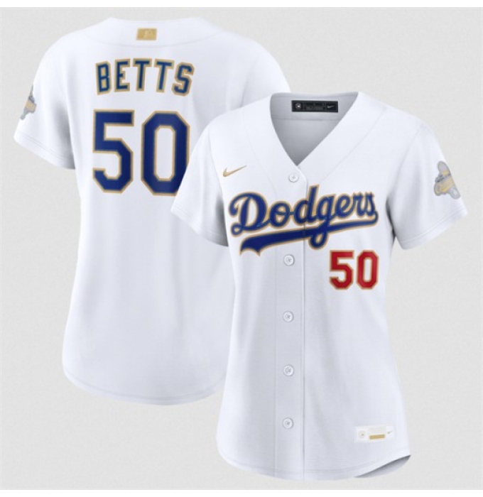 Women's Los Angeles Dodgers #50 Mookie Betts White 2026 Gold Collection Stadium Stitched Baseball Jersey(Run Small)