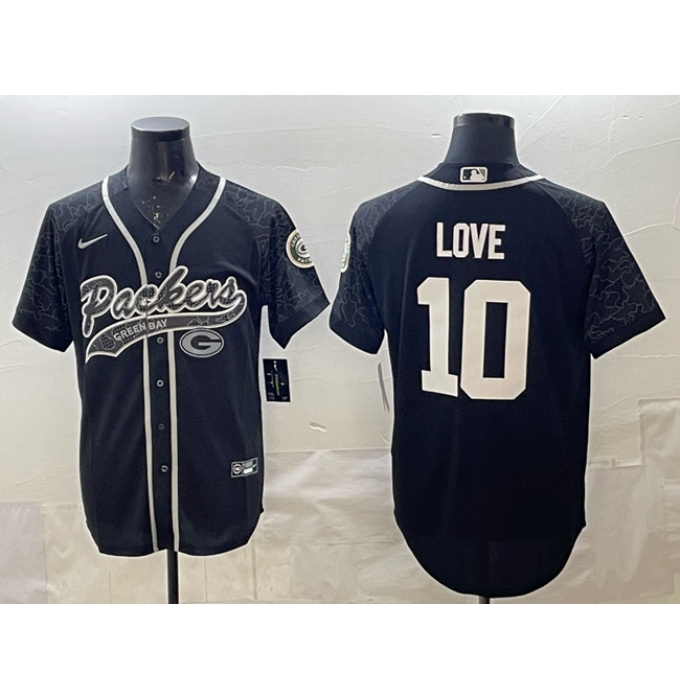 Men's Green Bay Packers #10 Jordan Love Black Reflective With Cool Base Stitched Baseball Jersey