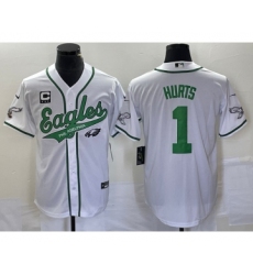 Men's Nike Philadelphia Eagles #1 Jalen Hurts White C Cool Base Stitched Baseball Jersey1