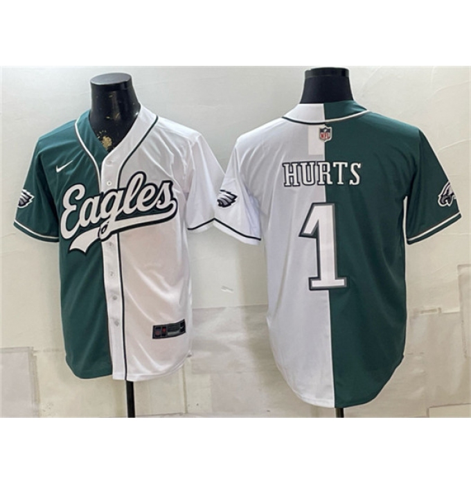 Men's Philadelphia Eagles #1 Jalen Hurts Green White Split Stitched Jersey
