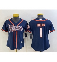 Women's Chicago Bears #1 Justin Fields Navy With Patch Cool Base Stitched Baseball Jersey