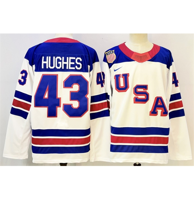 Men's USA #43 Quinn Hughes White 2025-2026 Stitched Jersey
