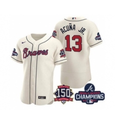 Men's Atlanta Braves #13 Ronald Acuna Jr. 2021 Cream World Series Champions With 150th Anniversary Flex Base Stitched Jersey