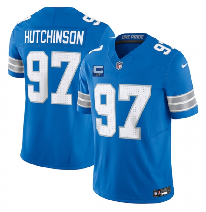 Men's Detroit Lions #97 Aidan Hutchinson Blue 2025 F.U.S.E. With 2-Star C Vapor Limited Football Stitched Game Jersey