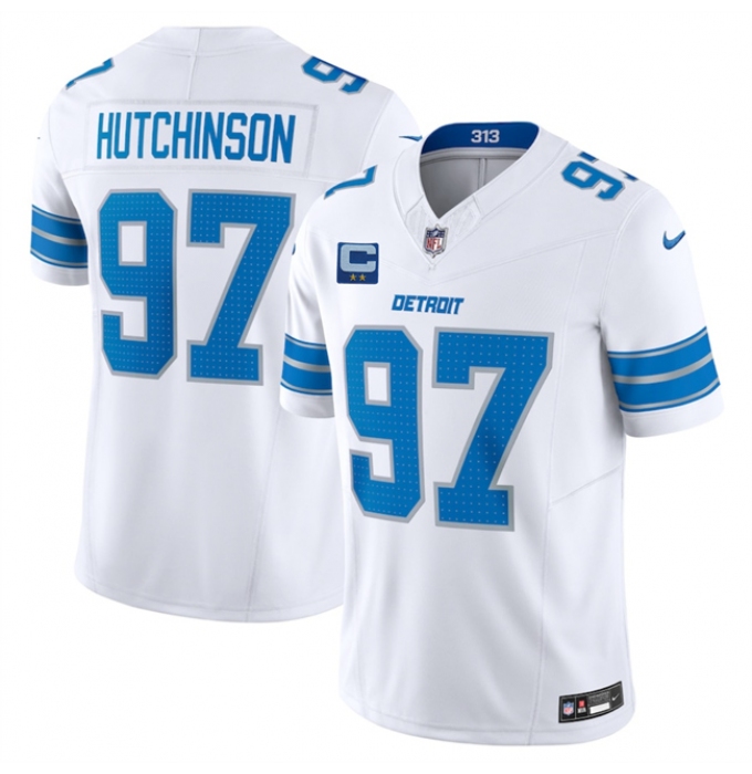 Men's Detroit Lions #97 Aidan Hutchinson White 2025 F.U.S.E. With 2-Star C Vapor Limited Football Stitched Game Jersey