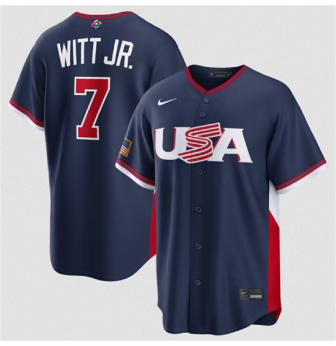 Men's USA Baseball #7 Bobby Witt Jr. Navy 2026 World Baseball Classic Road Stadium Stitched Jersey