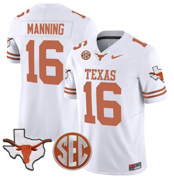 Youth Texas Longhorns #16 Arch Manning White F.U.S.E. Map & SEC Patch Vapor Limited V4 Stitched Jersey