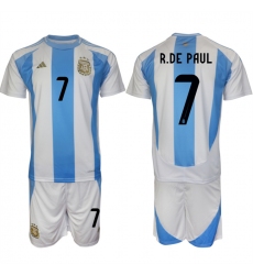 Men's Argentina #7 Rodrigo Javier De Paul White Blue 2024-25 Home Soccer Jersey Suit