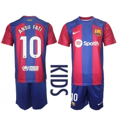 Youth Barcelona #10 Ansu Fati Blue Red 2023-24 Home Soccer Jersey