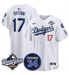 Men's Los Angeles Dodgers #17 Shohei Ohtani White 2025 World Series With No. 34 Limited Stitched Jersey