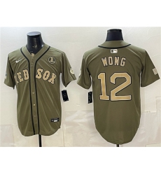 Men's Boston Red Sox #12 Connor Wong Olive Armed Forces Day Cool Base Stitched Baseball Jersey