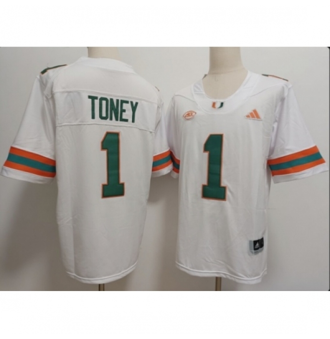Men's Miami Hurricanes #1 Malachi Toney White Stitched Football Jersey
