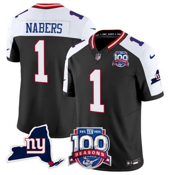 Men's New York Giants 1 Malik Nabers Black 2024 F U S E 100th Season And State Vapor Limited Alternate Stitched Football Jersey