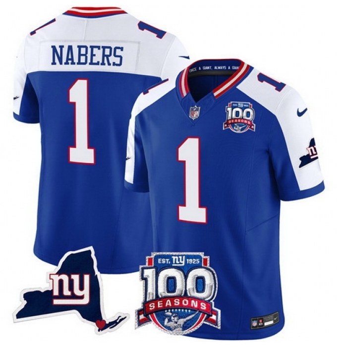 Men's New York Giants 1 Malik Nabers Royal 2024 F U S E 100th Season And State Vapor Limited Alternate Stitched Football Jersey