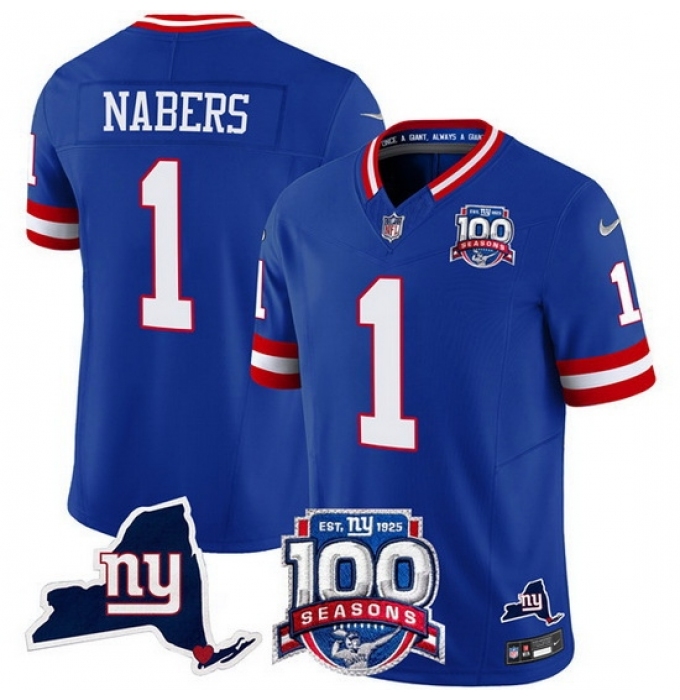 Men's New York Giants 1 Malik Nabers Royal 2024 F U S E 100th Season And State Vapor Limited Stitched Football Jersey