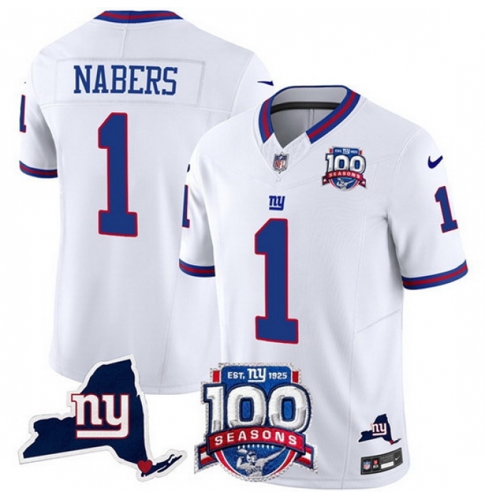 Men's New York Giants 1 Malik Nabers White 2024 F U S E 100th Season And State Vapor Limited Stitched Football Jersey
