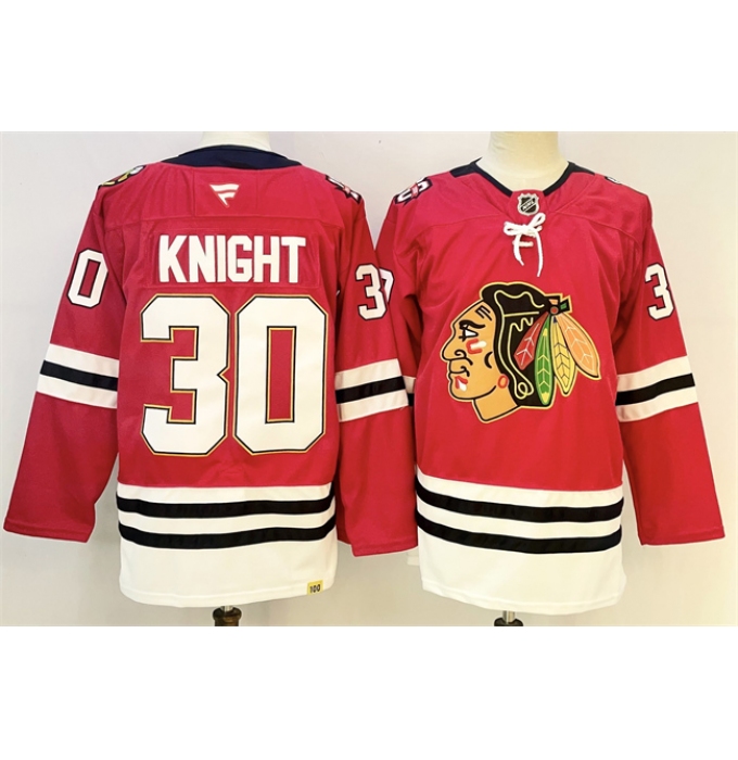 Men's Chicago Blackhawks #30 Spencer Knight Red 2025 Home 100th Anniversary Stitched Hockey Jersey