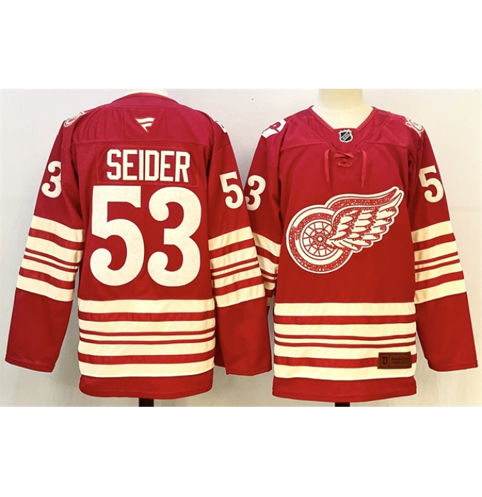 Men's Detroit Red Wings #53 Moritz Seider Red 2025-26 Centennial Premium Stitched Hockey Jersey