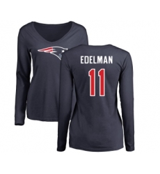 Football Women's New England Patriots #11 Julian Edelman Navy Blue Name & Number Logo Slim Fit Long Sleeve T-Shirt