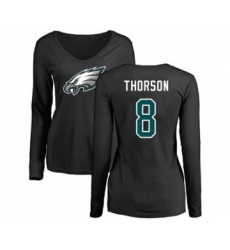 Women's Philadelphia Eagles #8 Clayton Thorson Black Name & Number Logo Slim Fit Long Sleeve T-Shirt.