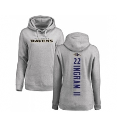 Football Women's Baltimore Ravens #22 Mark Ingram II Ash Backer Pullover Hoodie