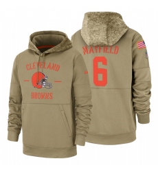Men's Cleveland Browns Baker Mayfield #6 2019 Salute to Service Tan Sideline Therma Pullover Hoodie