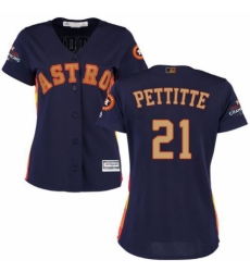 Women's Majestic Houston Astros #21 Andy Pettitte Authentic Navy Blue Alternate 2018 Gold Program Cool Base MLB Jersey