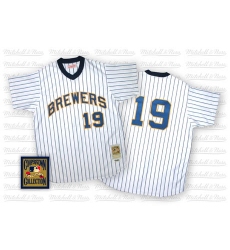 Men's Mitchell and Ness Milwaukee Brewers #19 Robin Yount Authentic White/Blue Strip Throwback MLB Jersey