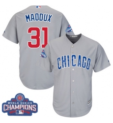 Youth Majestic Chicago Cubs #31 Greg Maddux Authentic Grey Road 2016 World Series Champions Cool Base MLB Jersey