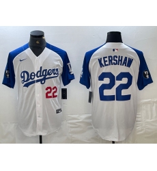 Mens Los Angeles Dodgers #22 Clayton Kershaw Number White Blue Fashion Stitched Cool Base Limited Jersey
