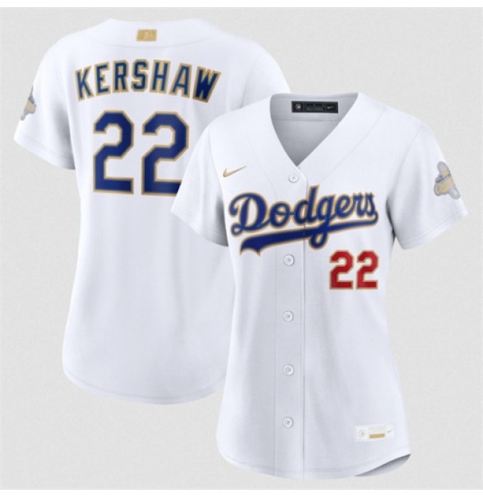Women's Los Angeles Dodgers #22 Clayton Kershaw White 2026 Gold Collection Stadium Stitched Baseball Jersey(Run Small)